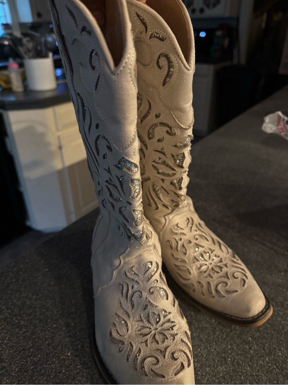 Roper Cream Embroidered Glitter Inset Knee Boots